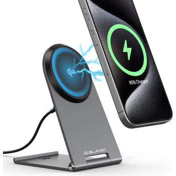 Blavec Qi2 Wireless Fast Charger Stand 15W - сгъваема алуминиева поставка за безжично зареждане за iPhone с MagSafe и Qi2 съвместими мобилни устройства (сребрист)