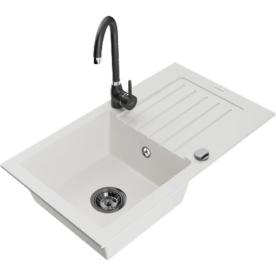 Mexen Pablo гранитна мивка с 1 отделение и отцедник с кухненски кран Telma, бял - 6510-20-670200-70 (6510-20-670200-70)