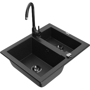 Mexen Carlos гранитна мивка 1, 5-камерна с кухненски смесител Telma, черен/сребърен металик - 6518-73-670200-70-B (6518-73-670200-70-B)