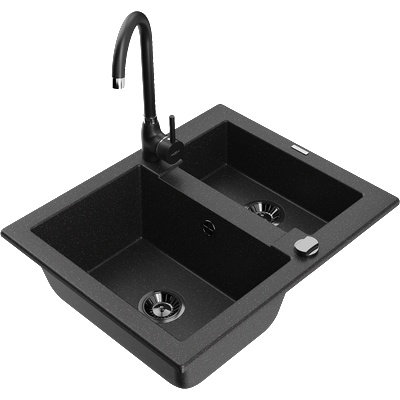 Mexen Carlos гранитна мивка 1, 5-камерна с кухненски смесител Telma, черен/сребърен металик - 6518-73-670200-70-B (6518-73-670200-70-B)