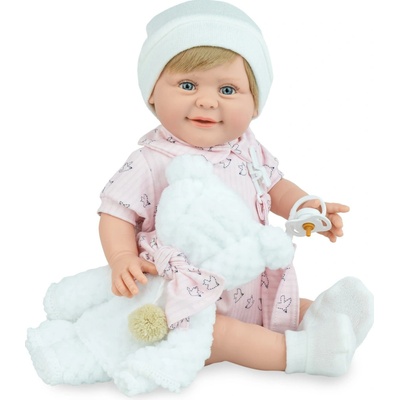 Marina & Pau Realistické miminko holčička Mája v růžovém overalu Sugar Teddy Pink 42 cm