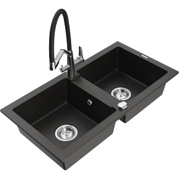 Mexen Mario гранитна мивка с 2 камери и кухненски смесител Duo, черен/златен металик - 6504-75-671701-07 (6504-75-671701-07)