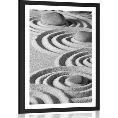 Plakát s paspartou Zen kameny v písčitých kruzích černobílém provedení - 40x60 silver