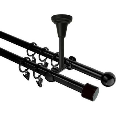 OK-GarnýžeCZ Garnýž kovová dvouřadá 16mm Pullo černá 180 cm do stěny / na tunýlek - bez kroužků
