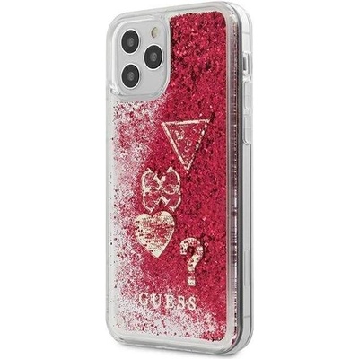 GUESS Liquid Glitter Charms Case - дизайнерски кейс с висока защита за iPhone 12, iPhone 12 Pro (червен)