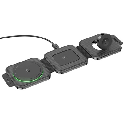 hoco. 3-in-1 Folding MagSafe Wireless Charger 15W - тройна поставка (пад) за безжично зареждане на iPhone с Magsafe, Apple Watch и Qi съвместими устройства (черен)