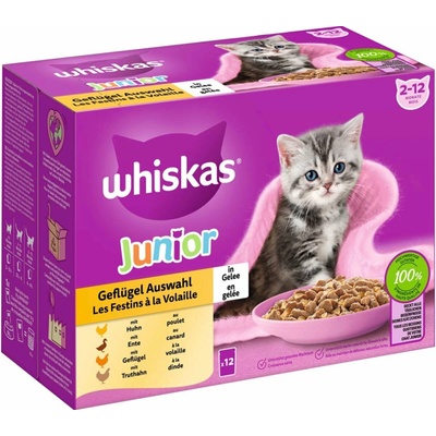 Whiskas Junior kombinované balení, výběr drůbežího masa v želé, 12 × 85 g