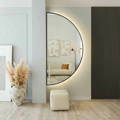 Alfaram Zrkadlo polkruhové v čiernom ráme s osvetlením MDF SLIM - HILDA LED 60x120