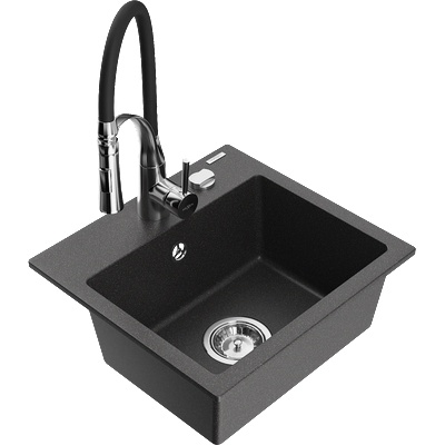 Mexen Milo гранитна кухненска мивка с 1 отделение с кухненски смесител Aster, черно с пръски - 6505-76-73450-07 (6505-76-73450-07)