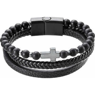 Pavona náramek pánský koženka a korálky s křížkem 43044.3 černý