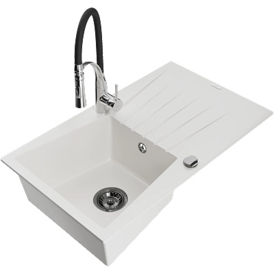 Mexen Cesar гранитна мивка с 1 отделение и дренаж и кухненски смесител Aster, бял - 6514-20-73450-07-B (6514-20-73450-07-B)