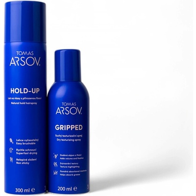 Tomas Arsov Profi styling pack HOLD-UP lak na vlasy s přirozenou fixací 300 ml, GRIPPED suchý texturizační sprej 200 ml (set)