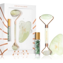 Crystallove Jade Gua Sha Plate masážní pomůcka + Roller masážní váleček na obličej + roll-on s krystaly plnitelný 10 ml