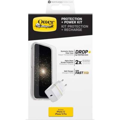 OtterBox Protection and Charger Kit - комплект удароустойчив кейс Symmetry, стъклено защитно покритие за дисплея Alpha Glass и 20W USB-C захранване за iPhone 12, iPhone 12 Pro