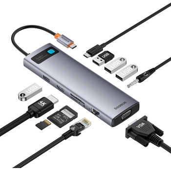 Baseus HUB 11в1 Baseus Metal Gleam Series Хъб, USB-C към USB-C, PD, 3x USB-A 3.0, USB-A 2.0, HDMI, VGA, AUX, RJ-45, SD, TF, сив