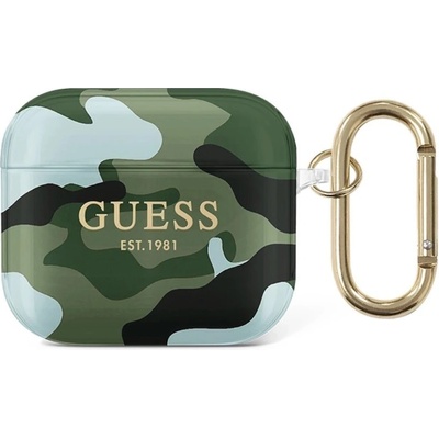 GUESS Защитен калъф Guess Airpods 3 Silicone Case Camo Collection, за Apple Airpods 3, силиконов, с карабинер, бял камуфлаж (GUE1404KHA)