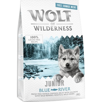 Wolf of Wilderness 1кг Junior Blue River Wolf of Wilderness, суха храна за кучета- свободноотглеждани пилета и сьомга