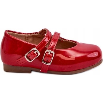 Detské lakované balerínky s eko koženými prúžkami červené