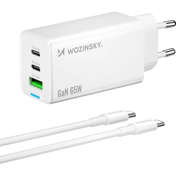 Wozinsky Захранване за ел. мрежа за мобилни устройства с USB-A и 2xUSB-C изходи с технология за бързо зареждане - Wozinsky GaN Fast Wall Charger 65W (бял) (WDCCBC)
