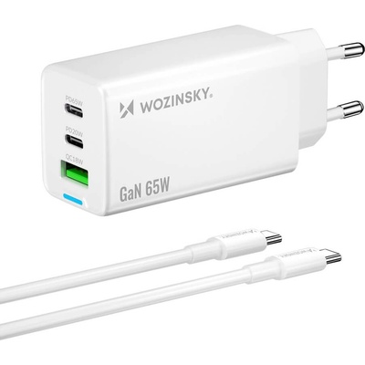 Wozinsky Захранване за ел. мрежа за мобилни устройства с USB-A и 2xUSB-C изходи с технология за бързо зареждане - Wozinsky GaN Fast Wall Charger 65W (бял) (WDCCBC)