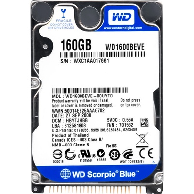 WD Scorpio Blue 160GB, 2,5", 8MB, 5400rpm, 12ms, WD1600BEVE