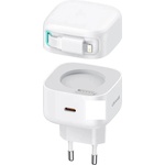 USAMS Захранване за ел. мрежа с USB-C изход и вграден Lightning кабел - Usams GaN Wall Charger With Magnetic Retractable Lightning Cable 35W (бял) (US-CC202)