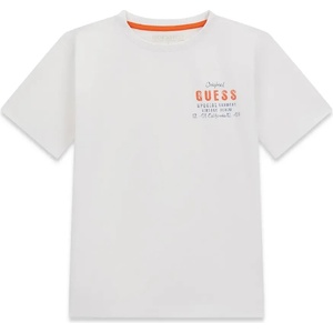 GUESS Бяла тениска за момче с малък оранжев надпис Guess