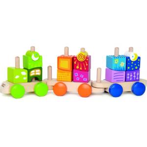 Hape Дървен комплект Hape - Разноцветно влакче с кубчета (H0417)