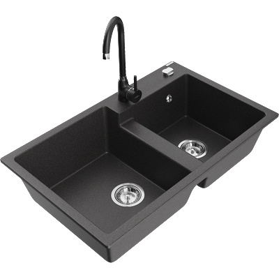 Mexen Tomas гранитна мивка с 2 камери и кухненски смесител Telma, черно на пръски - 6516-76-670200-70 (6516-76-670200-70)