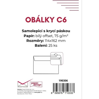 Obálka C6 KP 75g, 25ks Bílá, krycí páska, vnitřní potisk