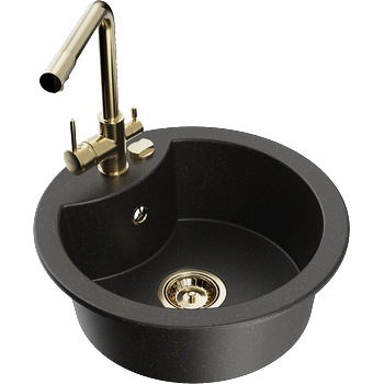 Mexen Diego гранитна мивка с 1 отделение с кухненски смесител Duero, черен/златен металик - 6512-75-671600-50 (6512-75-671600-50)