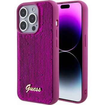 GUESS Sequin Script Logo Case - дизайнерски силиконов кейс за iPhone 15 Pro Max (розов)