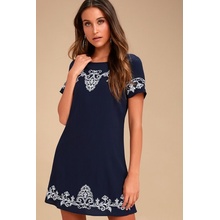 Lulus dámské šaty Tale to Tell Blue and Ivory Embroidered Shift Dress