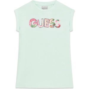 Guess Памучна ментова рокля за мини момиче с надпис Guess с пайети
