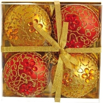 KOOPMAN Vianočné gule PP červeno zlaté 100 mm ploché set 4ks