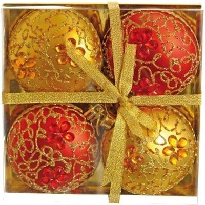 KOOPMAN Vianočné gule PP červeno zlaté 100 mm ploché set 4ks