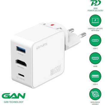 4smarts Захранване за ел. мрежа за лаптопи, смартфони и таблети с USB-C и USB-A изходи, HDMI порт и USB-C към USB-C кабел - 4smarts 3-in-1 GaN Flex Travel Wall Charger 65W (бял) (541711)