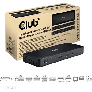 Club 3D Докинг станция за преносими компютри Club 3D - CSV-1583 (140W, 2xThunderbolt 4, 3xDP, 2xHDMI, USB-C, 3xUSB-A, SD, TF, RJ45, 3, 5 Jack, DC) (CSV-1583)