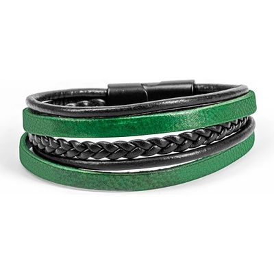 Base Мъжки комплект от 5 гривни от естествена кожа - Черно-Зелен 20230901004 (404266_Зелен)