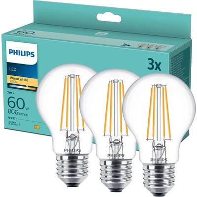 Philips klasik, 7W, E27, teplá bílá, 3ks
