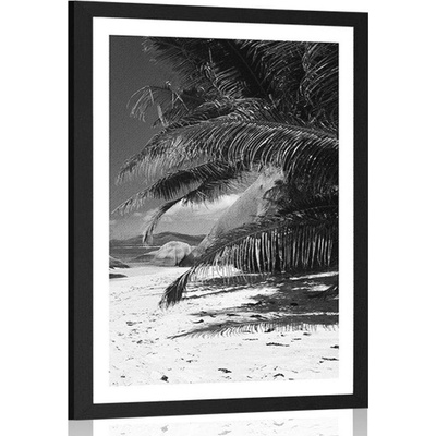 Plakát s paspartou krásy pláže Anse Source v černobílém provedení - 40x60 no frame