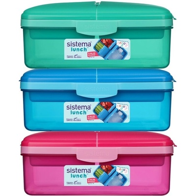 Sistema Delený desiatový box Lunch Quaddie 1,5 l s 3 výklopnými priehradkami vo veku as fľašou na pitie mix farieb