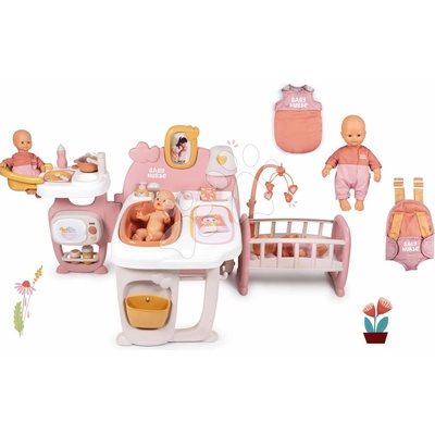 Smoby Set domček trojkrídlový s 32 cm bábikou v dupačkách Large Doll´s Play Center Soft Baby Nurse a spací vak s klokankou