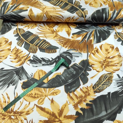 Bavlněná látka 100% bavlny, 125 g/m², šíře 160 cm, monstera žluto-grafitová