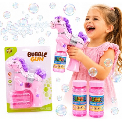 Automatický pistole na bubliny Koník Bubble Gun Světlo Hudba 2 tekutiny LED