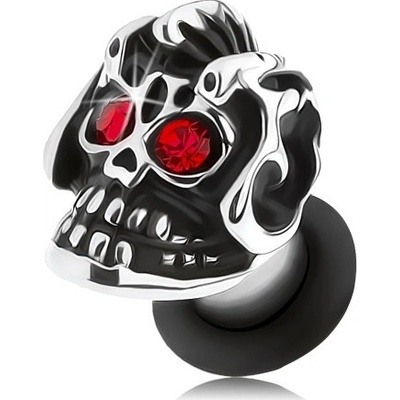 Šperky eshop ocelový plug do ucha stříbrný odstín lebka s helmou patina červené zirkony S36.03
