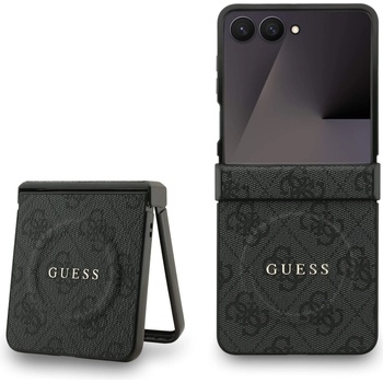 GUESS Дизайнерски кожен кейс с MagSafe за Samsung Galaxy Z Flip7 - Guess PU Leather 4G Colored Ring Magnetic Case (черен) (GUHMZF7P4MSEGCK)