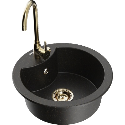 Mexen Diego гранитна мивка с 1 отделение и кухненски смесител Telma, черен/златен - 6512-75-670200-50 (6512-75-670200-50)