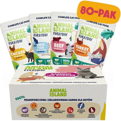 ANIMAL ISLAND Turkey / White fish / Beef / Chicken Fillets in broth 80 x 85 g