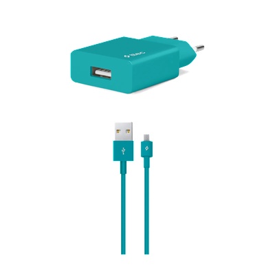 Ttec Зарядно 220V SmartCharger USB Travel Charger, 2, 1A, incl, Micro USB Cable - Тюркоаз